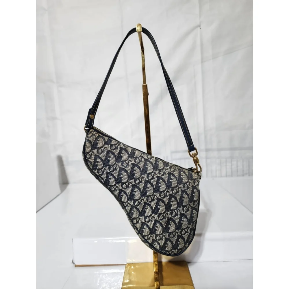 Christian Dior Vintage Oblique Canvas and Leather Saddle Pochette Bag Navy Blue/ - Picture 3 of 13